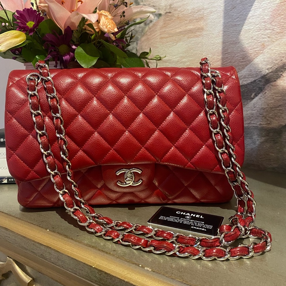 🔥🔥FLASH SALE🔥🔥💯 Authentic Chanel Jumbo Caviar Red Quilted Leather Bag